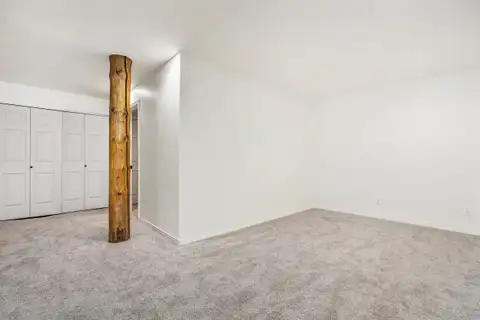 Bedroom with new carpet, a natural log column and closet doors