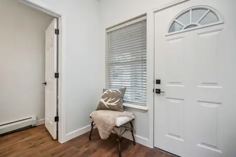 Entry with a new front door, black hardware and wood-look plank floor
